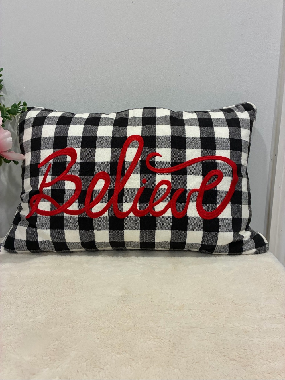 'Believe' Plaid Accent Pillow in Black, White & Red